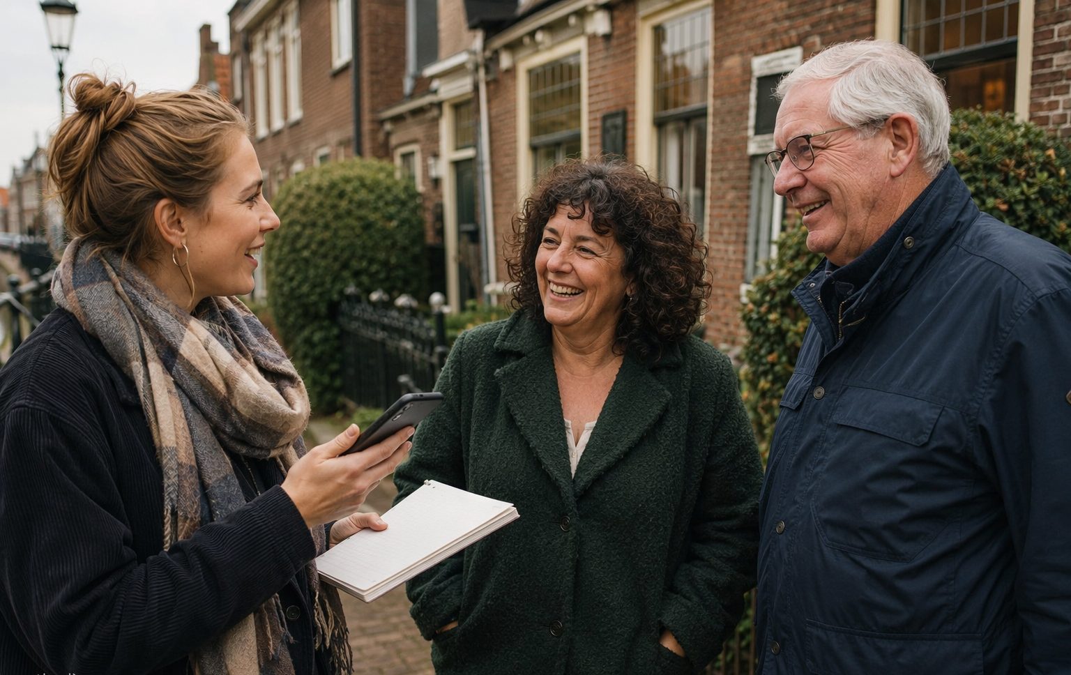 Een vrijwillige interviewer van Maatjes in Beeld in gesprek met twee deelnemers op straat in Brabant